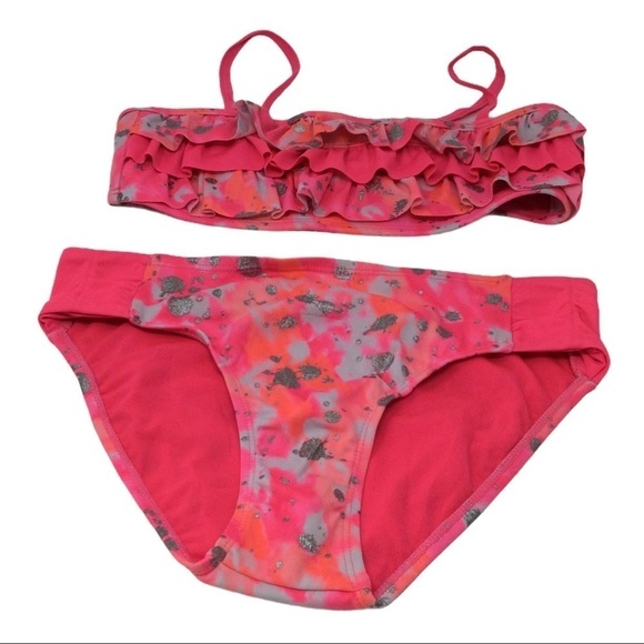 #025 Justice ruffle pink& silver sparkly bikini Swimsuit - Picture 1 of 12